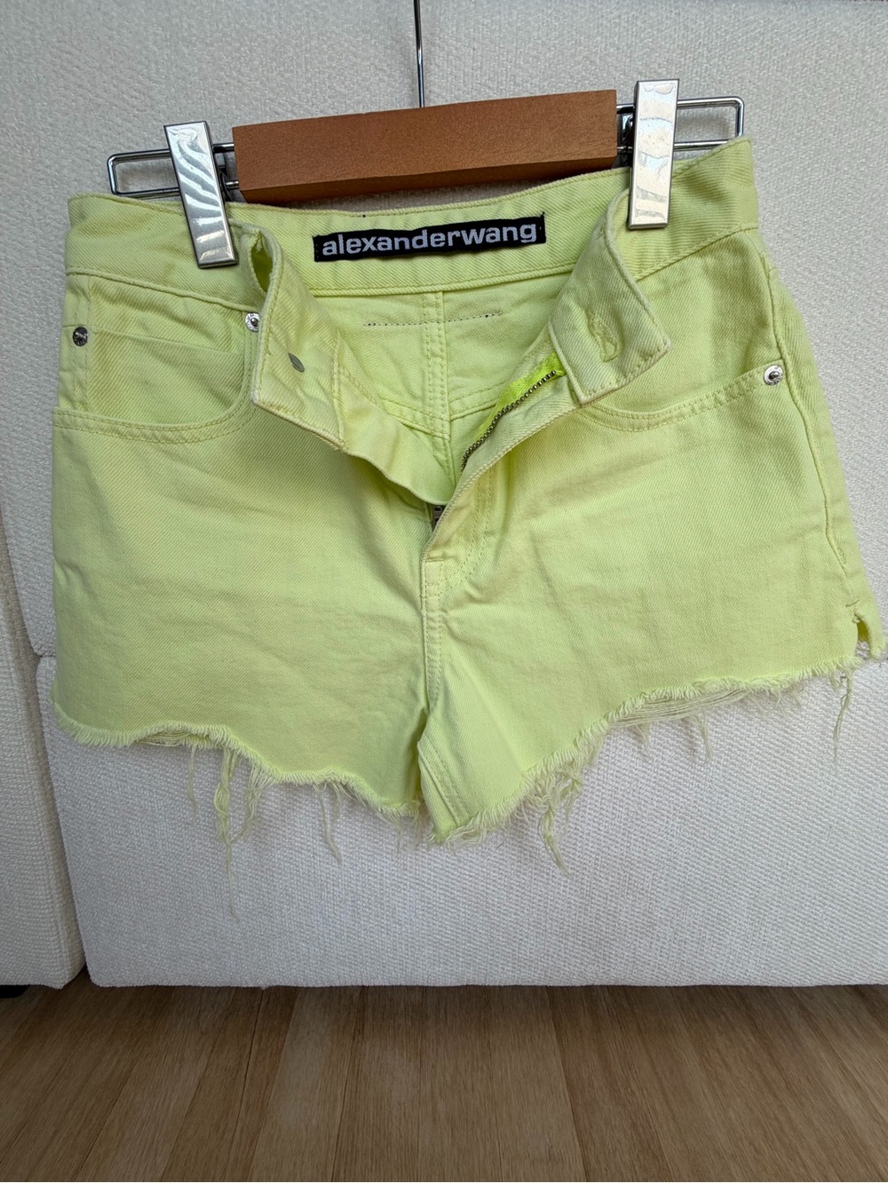 Alexander Wang Lime Green Frayed Denim Shorts